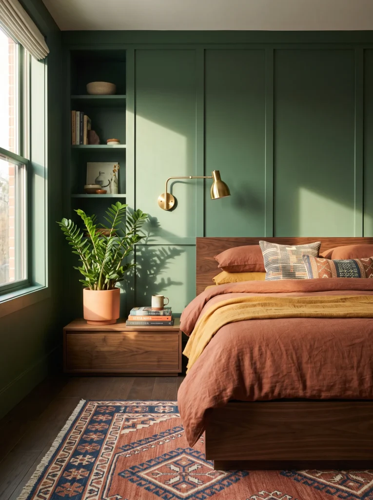 Forest-green paneled wall with walnut bed, polished brass sconce, ZZ plant, and warm light