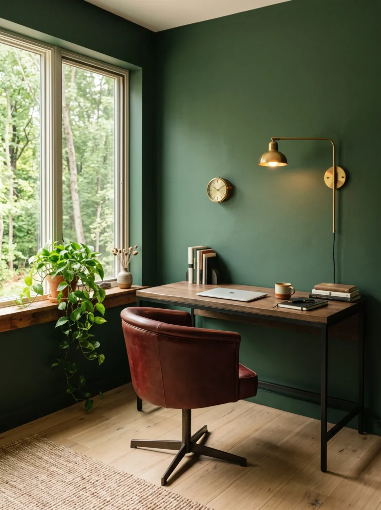 : Forest green home office with an oxblood leather chair and reclaimed oak desk.