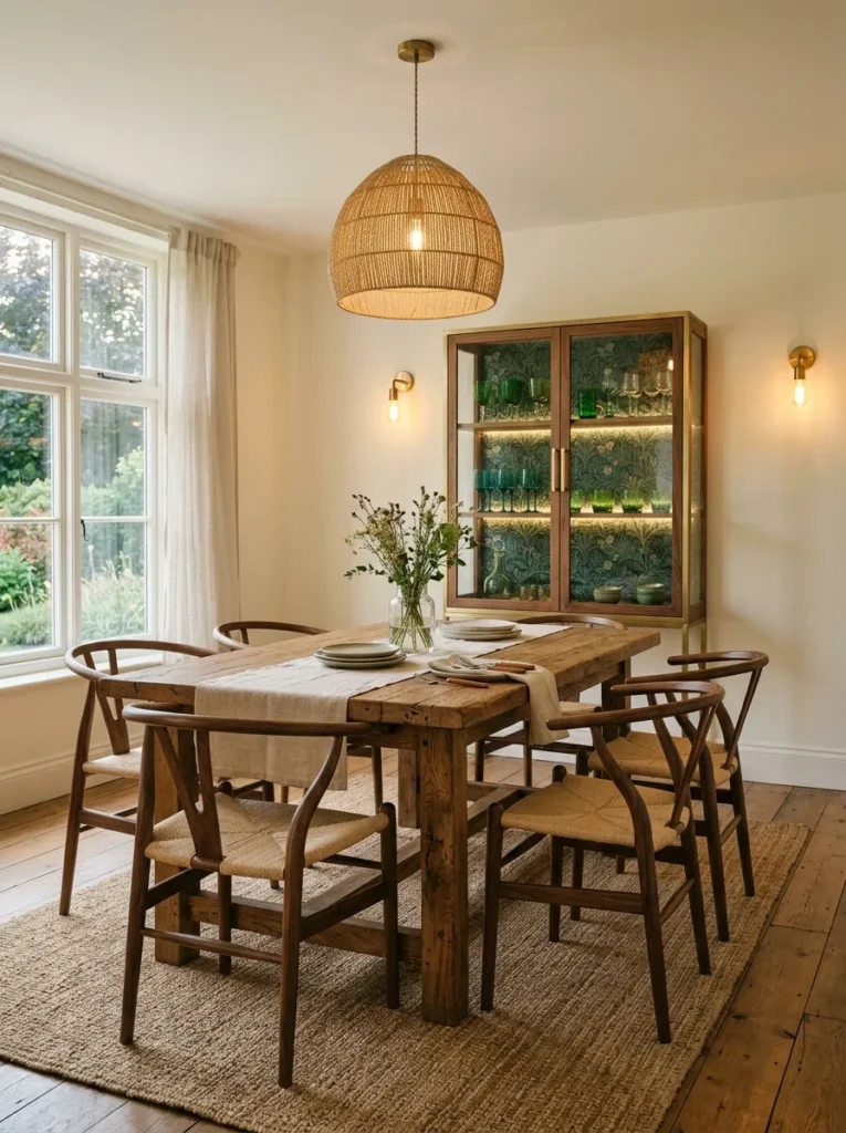 Forest-green wallpaper lining a glass-front dining room cabinet