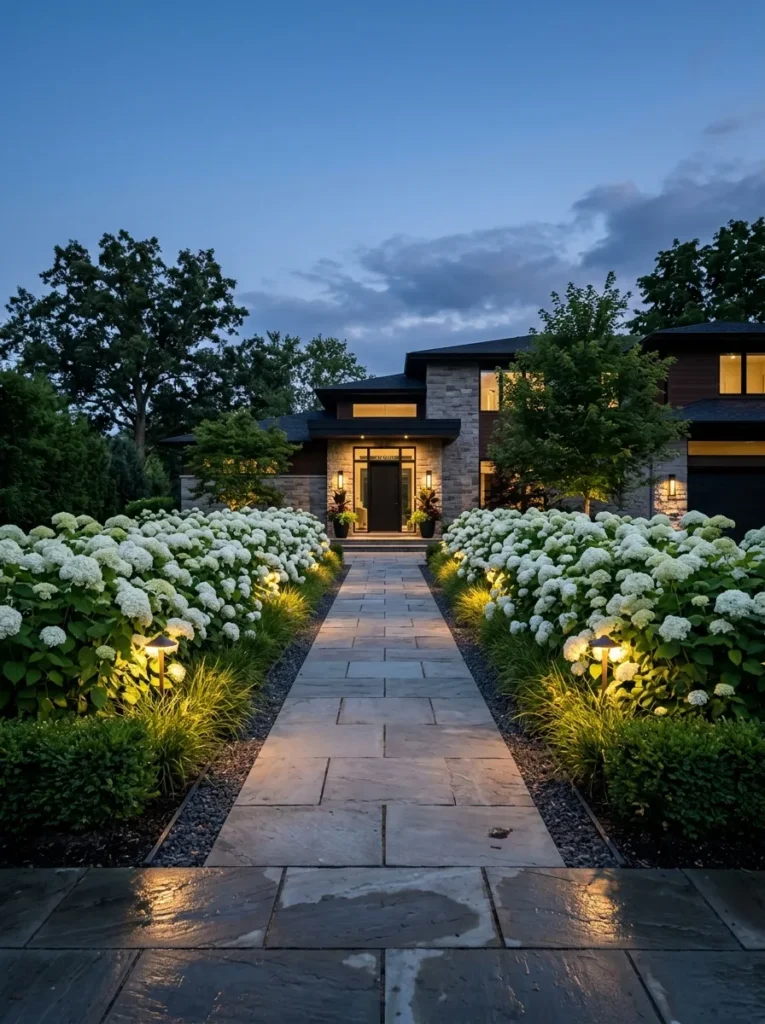 Formal front walkway at dusk: matched rows of white mophead hydrangeas flanking stone pavers, softly uplighted by low-voltage landscape lights. Cool blue evening sky, warm golden uplight on blooms creating gentle contrast. Straight-on symmetrical framing down the walkway, moderate negative space at horizon.