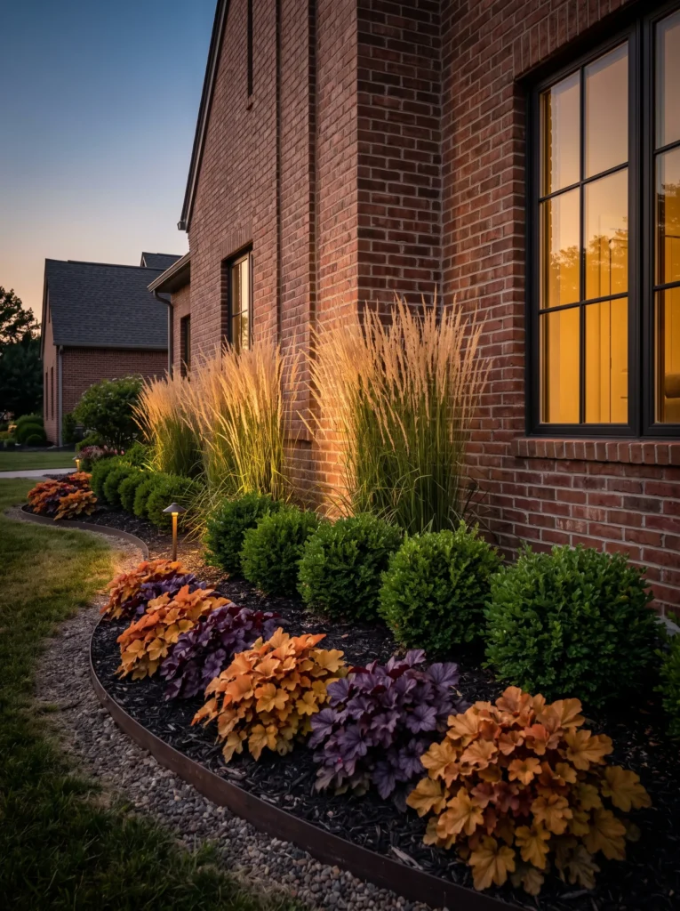Foundation bed with inkberry holly and uplit feather reed grass.