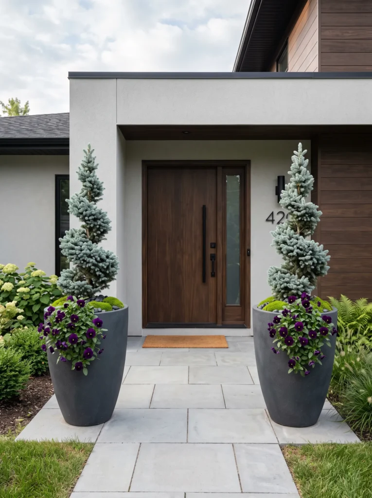 Matched charcoal planters with blue spruce flanking front steps.