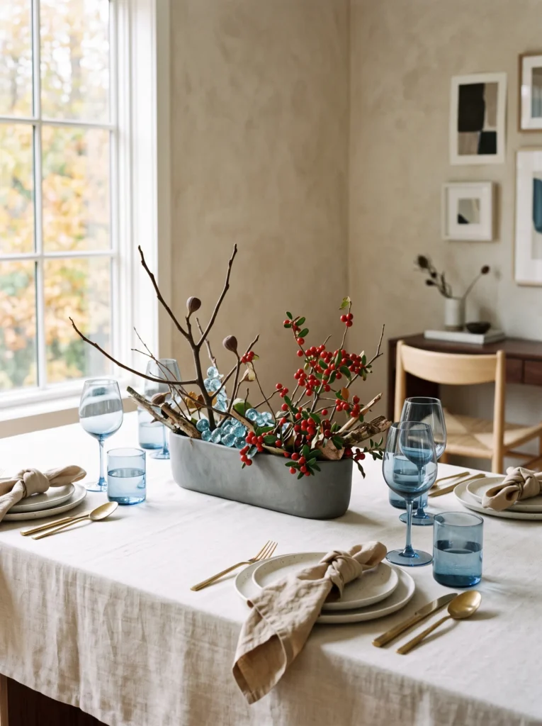Fall table centerpiece ideas with asymmetrical fig branches, cranberry berries, mineral-blue glass beads, gray ceramic trough, and ivory tablecloth.