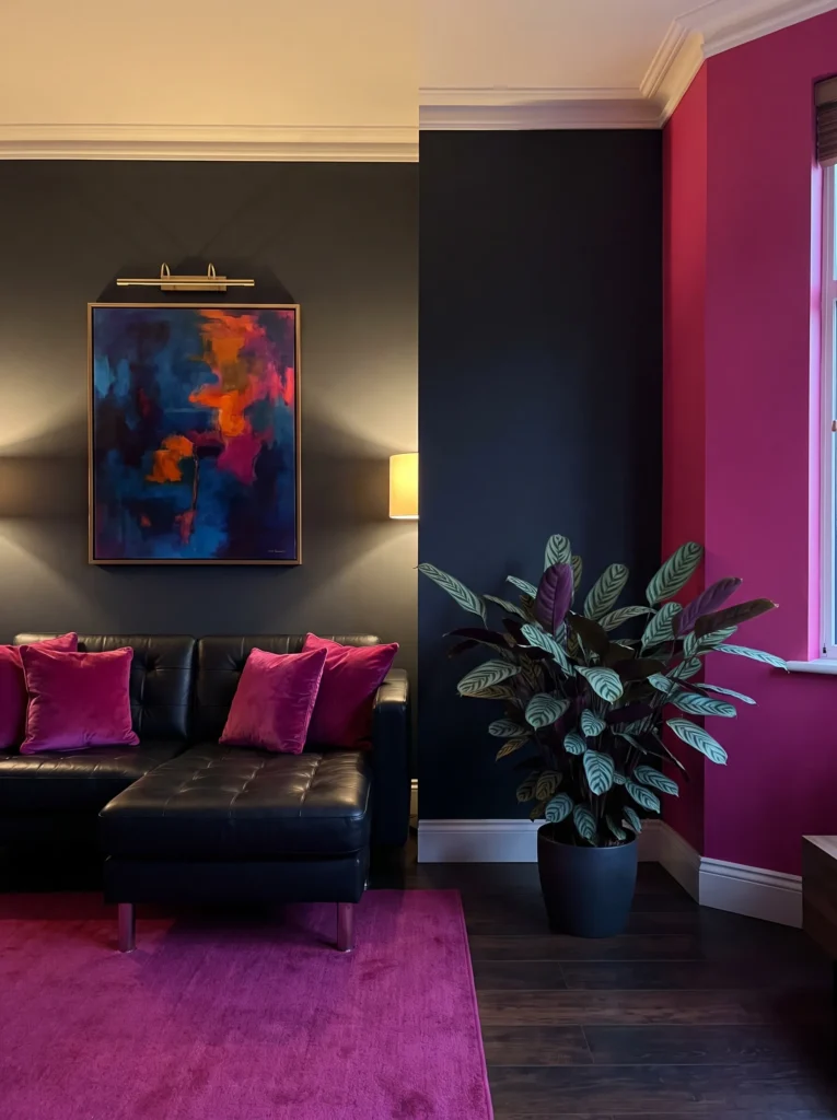 Charcoal living room with a fuchsia accent wall and matching abstract painting