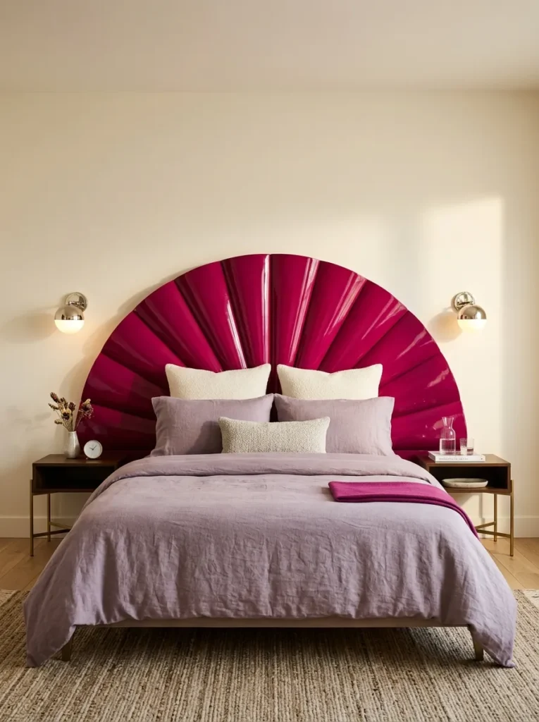 Glossy fuchsia fan-shaped DIY headboard with lilac bedding and nickel sconces.