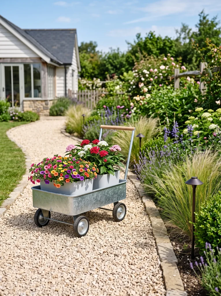  Galvanized cart with calibrachoa on garden path.