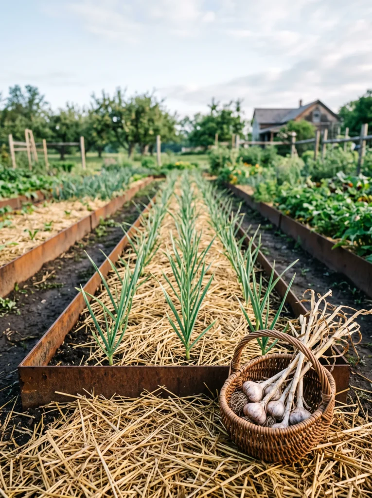  A straight in-ground garlic row lined with weathered corten steel edging, soil covered in golden straw mulch. A small basket of cured garlic bulbs sits at the row's edge. Crisp, cool-toned morning light. Wide, low camera angle following the row's line into a soft-focus background.