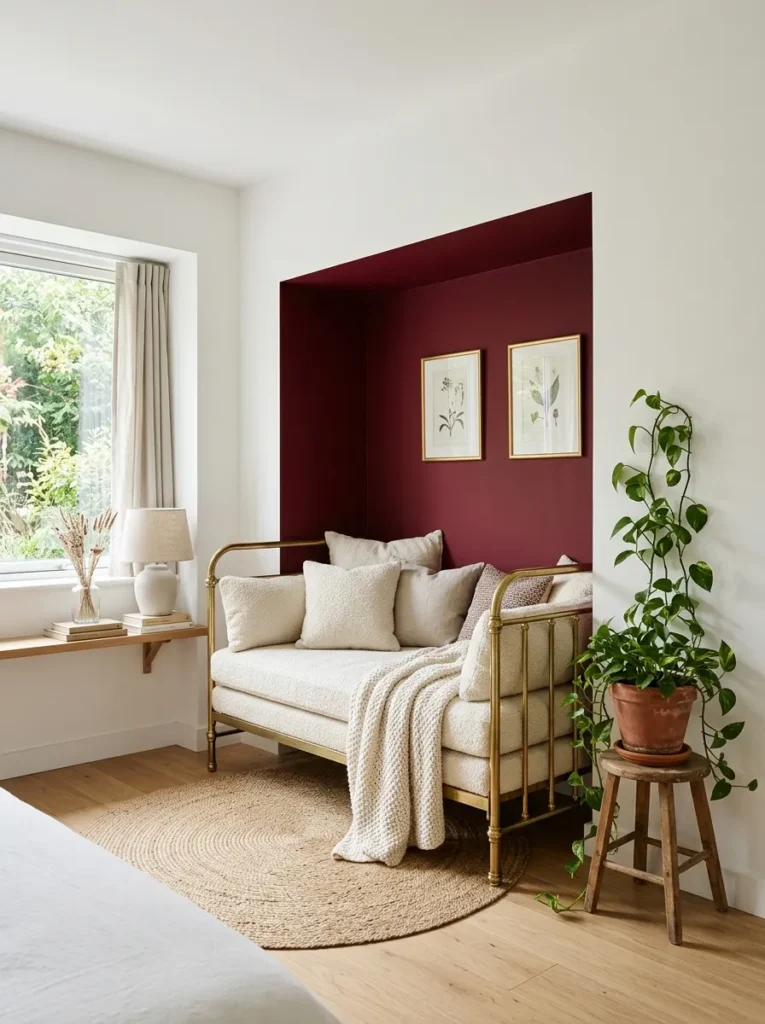 Deep garnet reading nook with a brass daybed frame