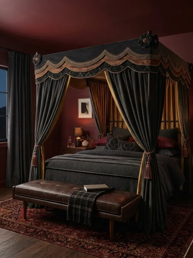 Matte garnet walls with a black iron canopy bed frame with drapery