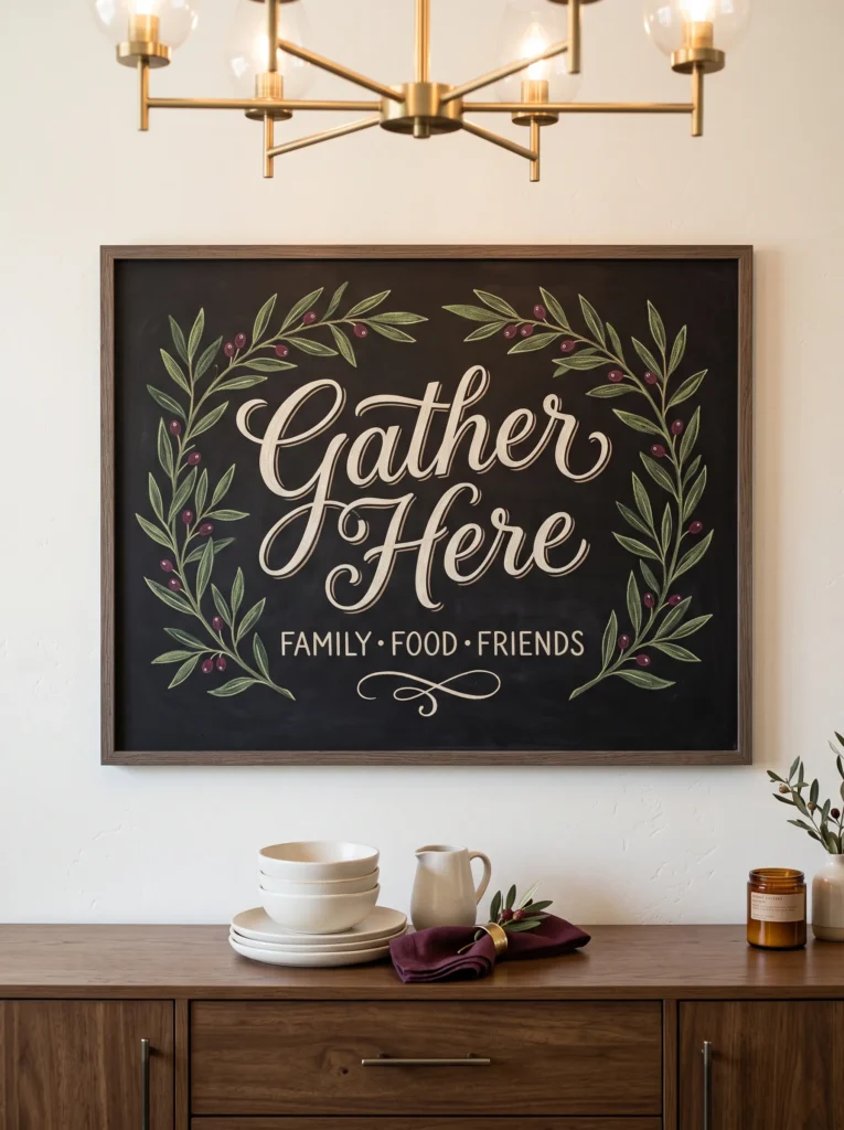 Large fall chalkboard reading “Gather Here” with olive branches and wine-colored berries above an elegant dining-room buffet.