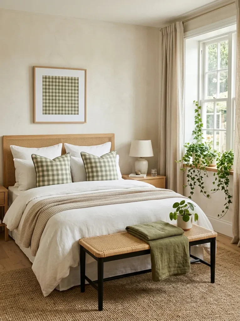 Sage and cream gingham bedding accents with cane bench and trailing English ivy.