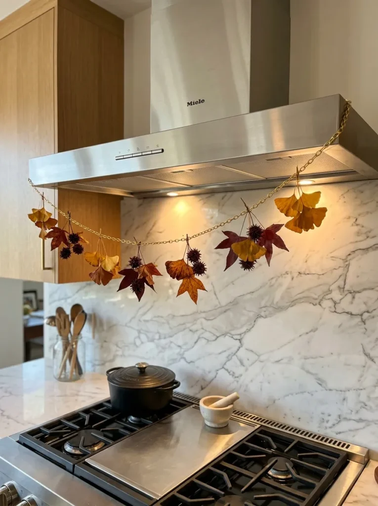 Stainless steel range hood above a marble backsplash, a thin brass chain draped along the lower front edge holding small clusters of gingko and sweetgum leaves in gold and burgundy