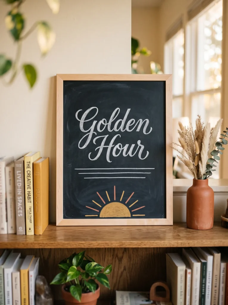 Fall chalkboard with “Golden Hour” lettering, mustard sun, terracotta accents, and horizontal lines styled on a natural maple-framed office bookshelf.
