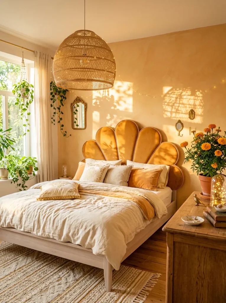 Petal-shaped apricot velvet headboard with a woven rattan pendant