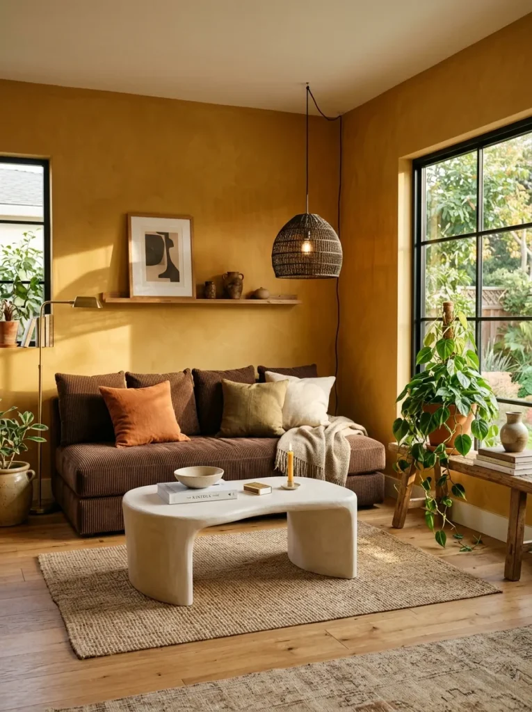 Golden ochre color-drenched living room with a corduroy sofa