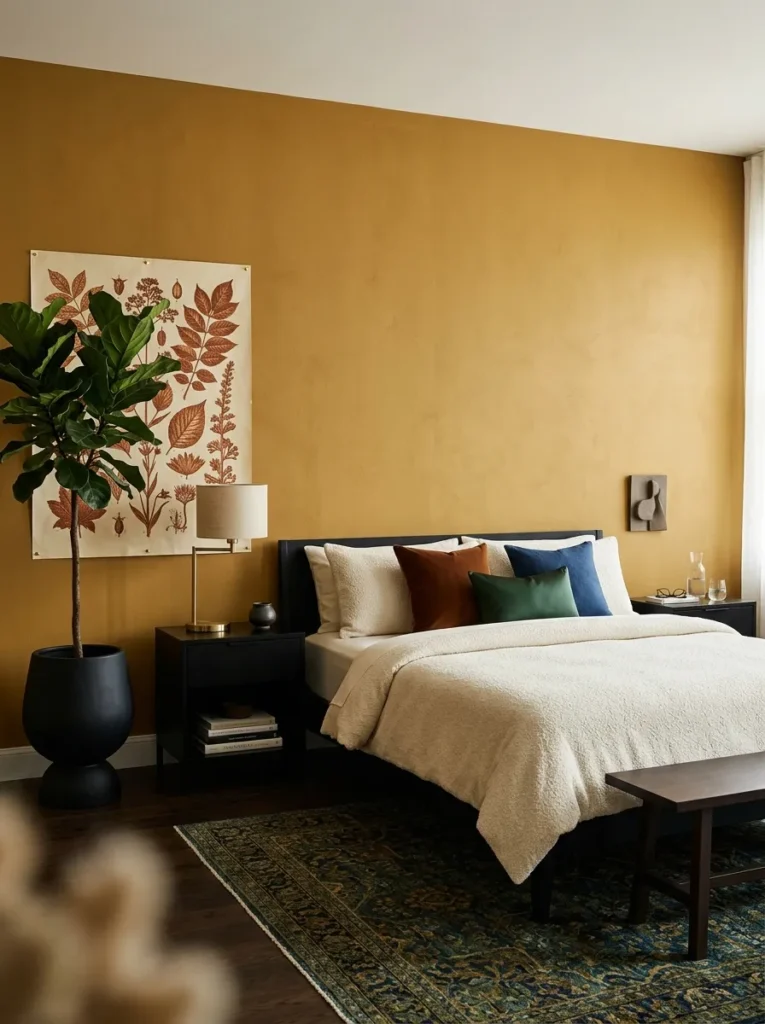 Golden ochre wall with sleek onyx black nightstands