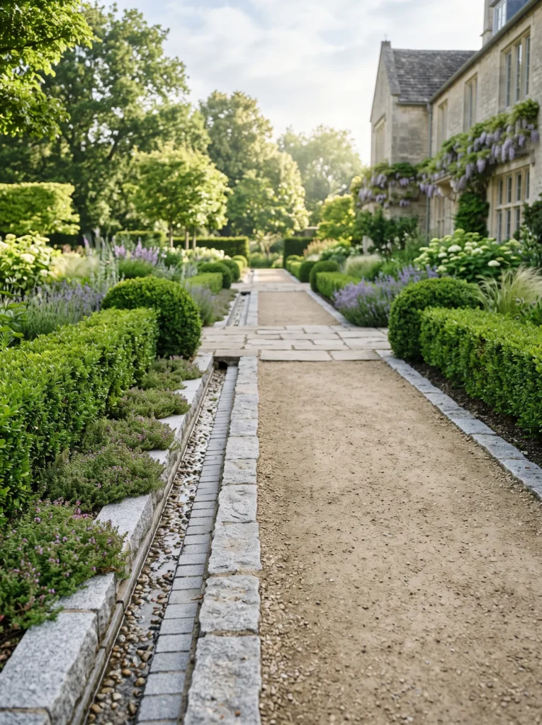  Granite channel gutter drainage idea running beside a formal garden path with low thyme groundcover.