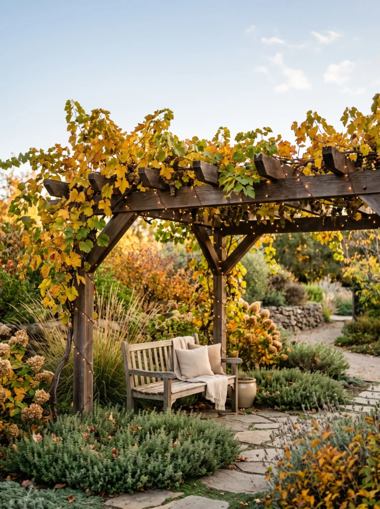 Grapevine-covered arbor with a wood bench and string lights.