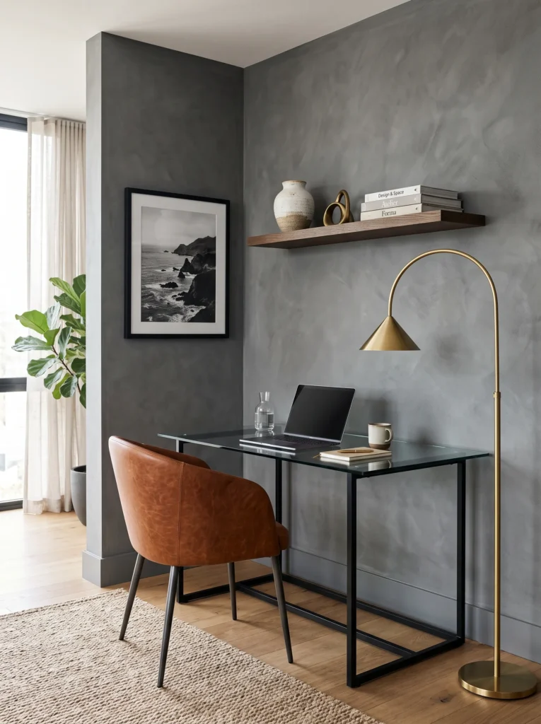 Graphite limewash home office with a glass-top desk and brass arc floor lamp.