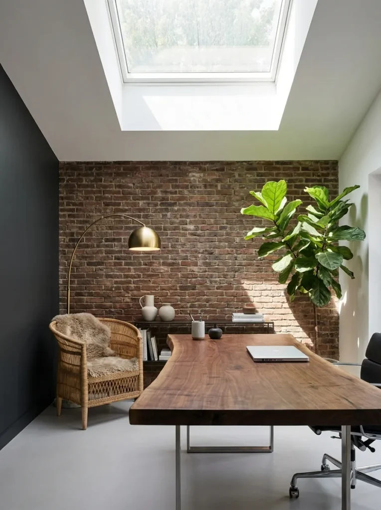  Live-edge walnut desk beneath a skylight in a graphite office with one exposed brick wall