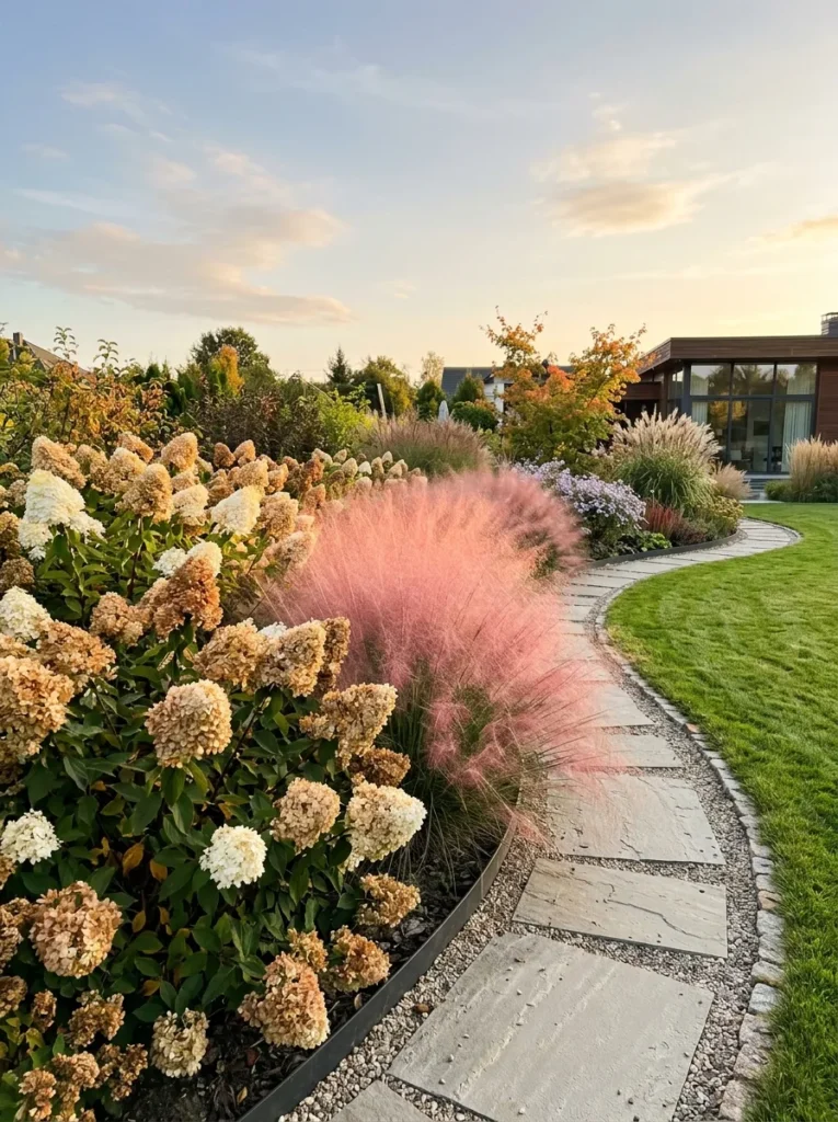 Curved garden border in early October: white hydrangea blooms aging to parchment tan beside a cloud of pink muhly grass. Soft golden-hour sidelight, gentle shadows along the curved bed edge. Wide framing showing the bed's natural curve, generous negative space at top.