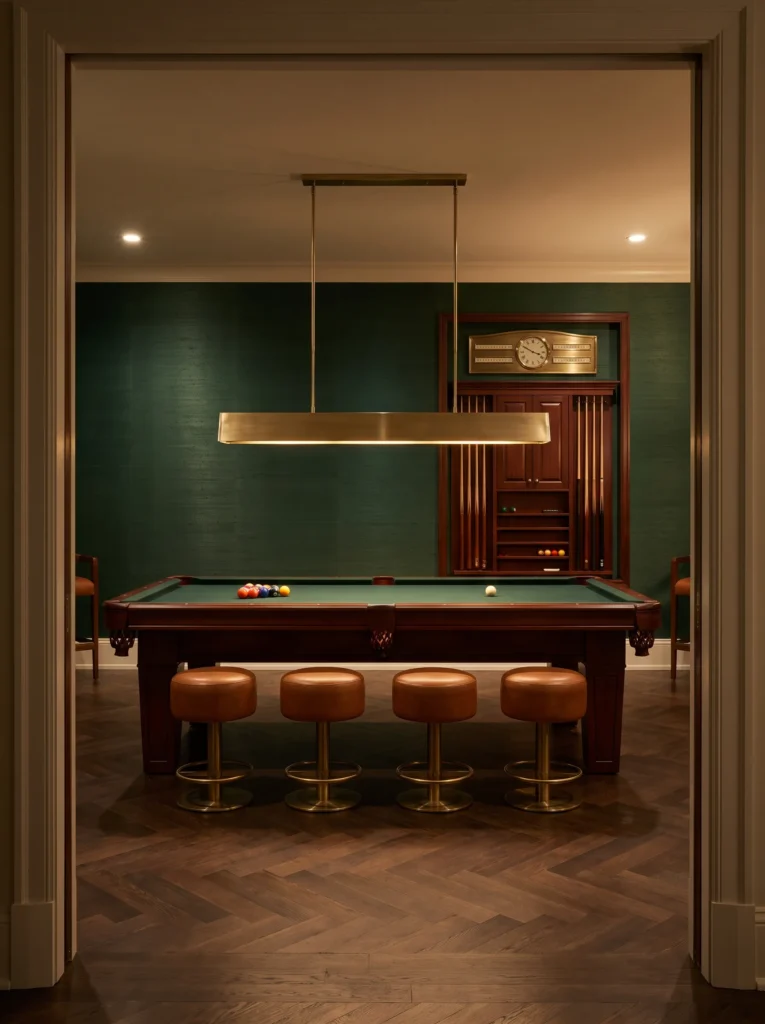  "Green felt pool table game room with brass pendant light"