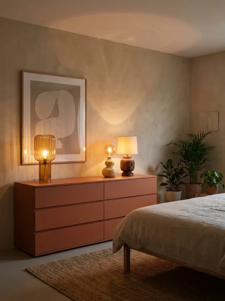  Three mismatched vintage table lamps grouped at varying heights on a dresser