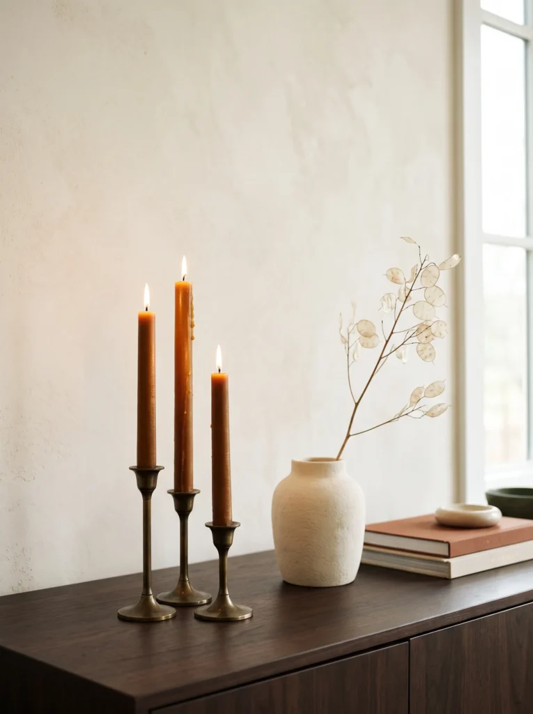 Handmade deep amber beeswax taper candles displayed on an antique bronze holder with walnut and cream accents.