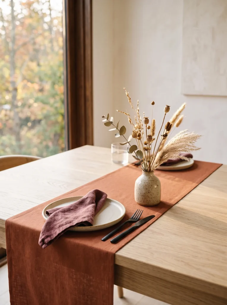 Hand-dyed rust linen runner styled with cream stoneware and burgundy accents on a pale oak dining table.