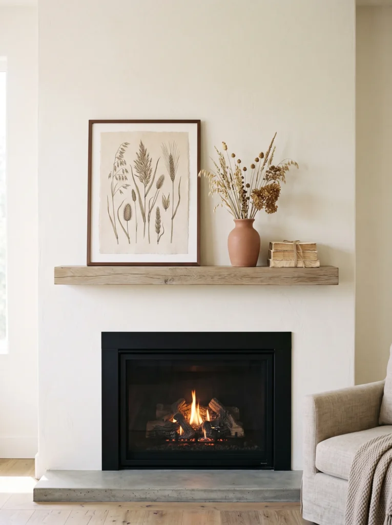  Framed botanical artwork of dried grasses and seed heads with a muted terracotta vase and parchment book stack on a refined fall mantel.