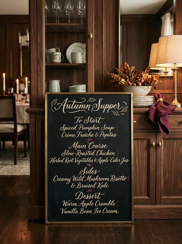 Elegant fall chalkboard menu reading “Autumn Supper” with ivory lettering and burgundy accents beside a dining-room serving cabinet.