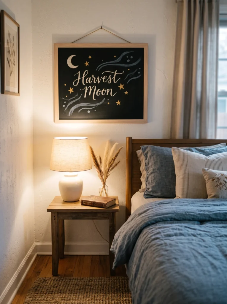 Minimalist fall chalkboard reading “Harvest Moon” with an ivory crescent, muted ochre stars, and blue-gray accents in a guest bedroom.