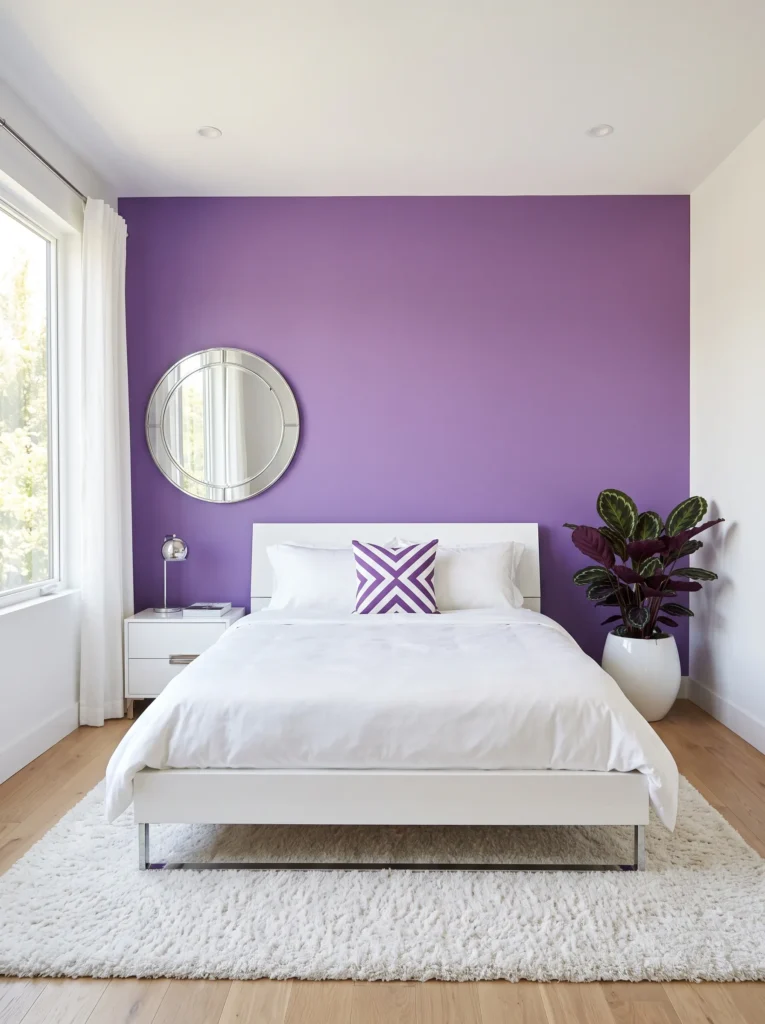  Heliotrope bedroom with white lacquer furniture, chrome accents, and Calathea Purpurea