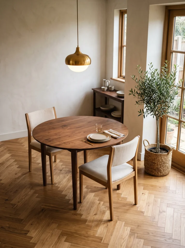 Round walnut dining table on natural oak herringbone parquet flooring.
