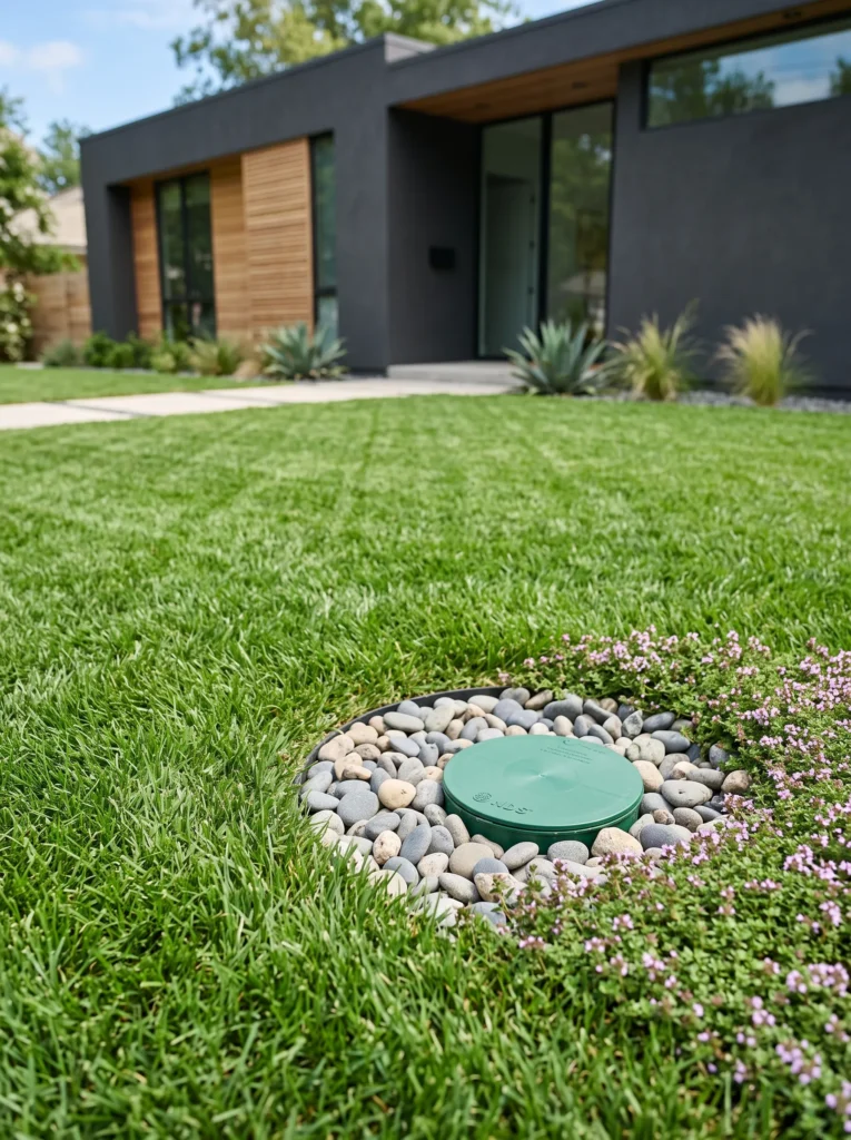Hidden pop-up emitter gutter drainage idea concealed in low groundcover beside a modern foundation garden.