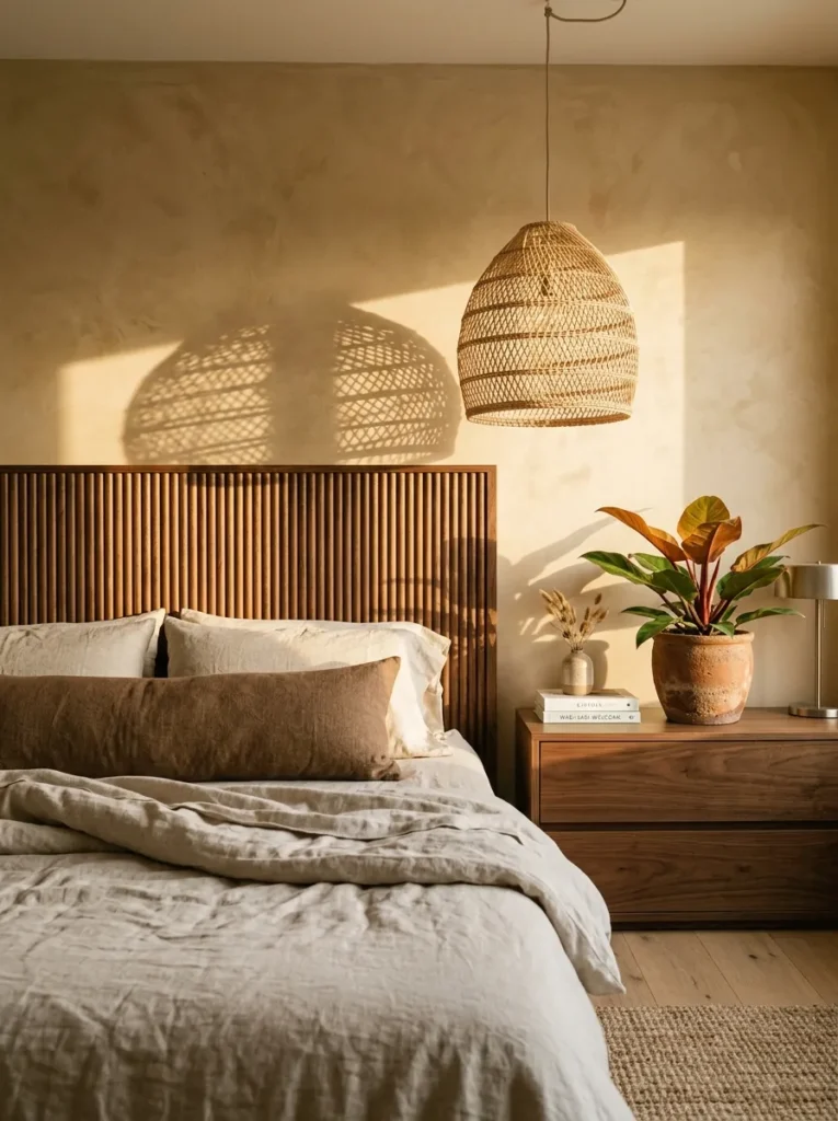 Walnut reeded headboard against honey limewash walls with rattan pendant