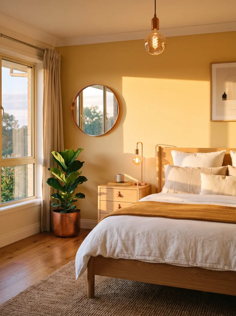 Honey yellow bedroom with a round copper mirror and matching pendant light