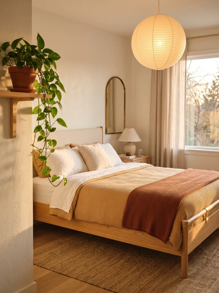 Light oak bed frame with honey waffle-weave duvet and a terracotta throw