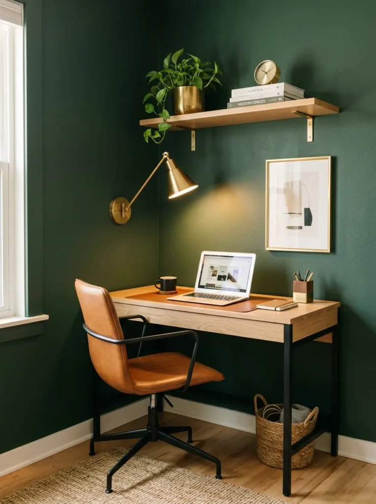 Hunter green corner home office nook with a compact white oak desk.