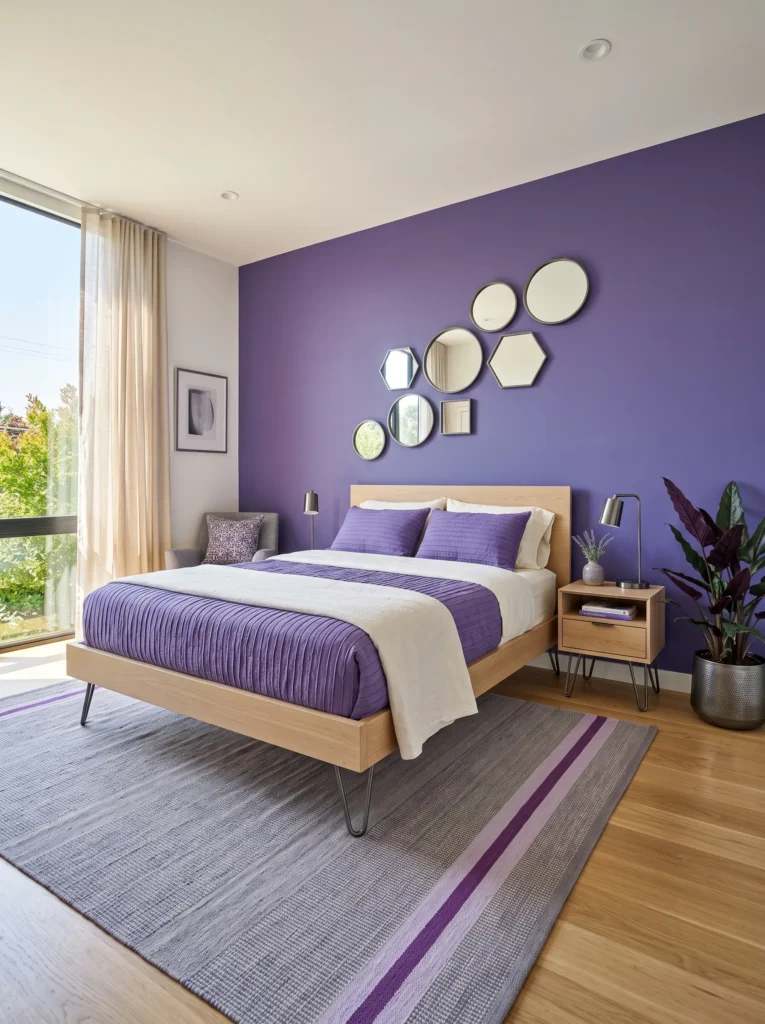 Hyacinth violet bedroom with white oak furniture, gunmetal mirrors, ivory bedding, and Alocasia Purple Sword.