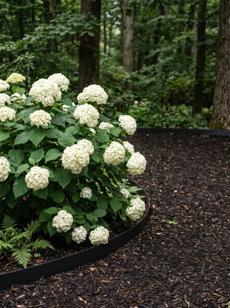  Shaded woodland corner: one large 'Incrediball' hydrangea specimen with oversized white blooms, edged by a slim matte black steel border against dark mulch. Dappled overcast light, soft, diffused shadows. Camera angle: straight-on, moderate negative space to the right for text.
