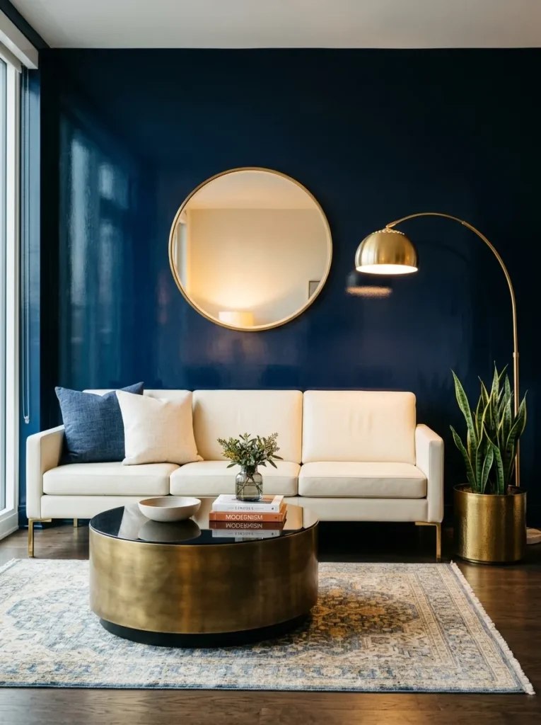 High-gloss indigo walls with an ivory leather bench sofa