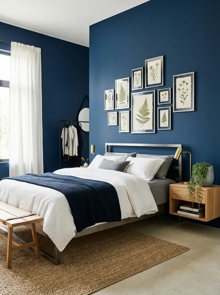 Deep indigo wall with a gallery of pressed botanical prints