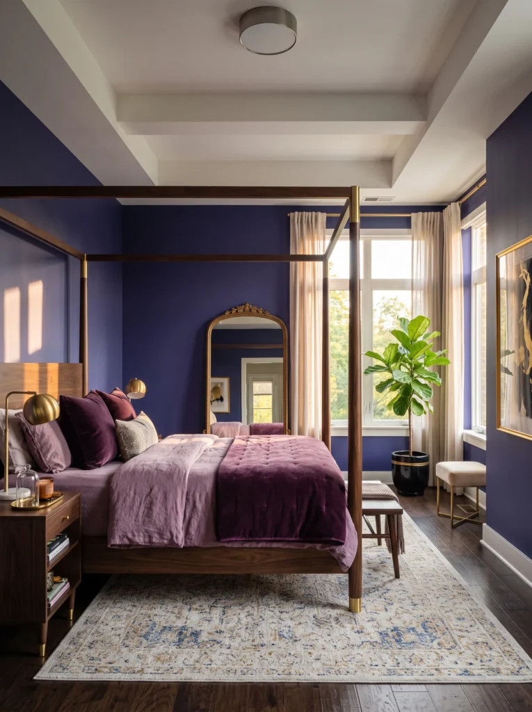 Indigo dark blue bedroom with antique gold mirror, walnut four-poster bed, velvet bedding, brass sconces, and fiddle leaf fig.