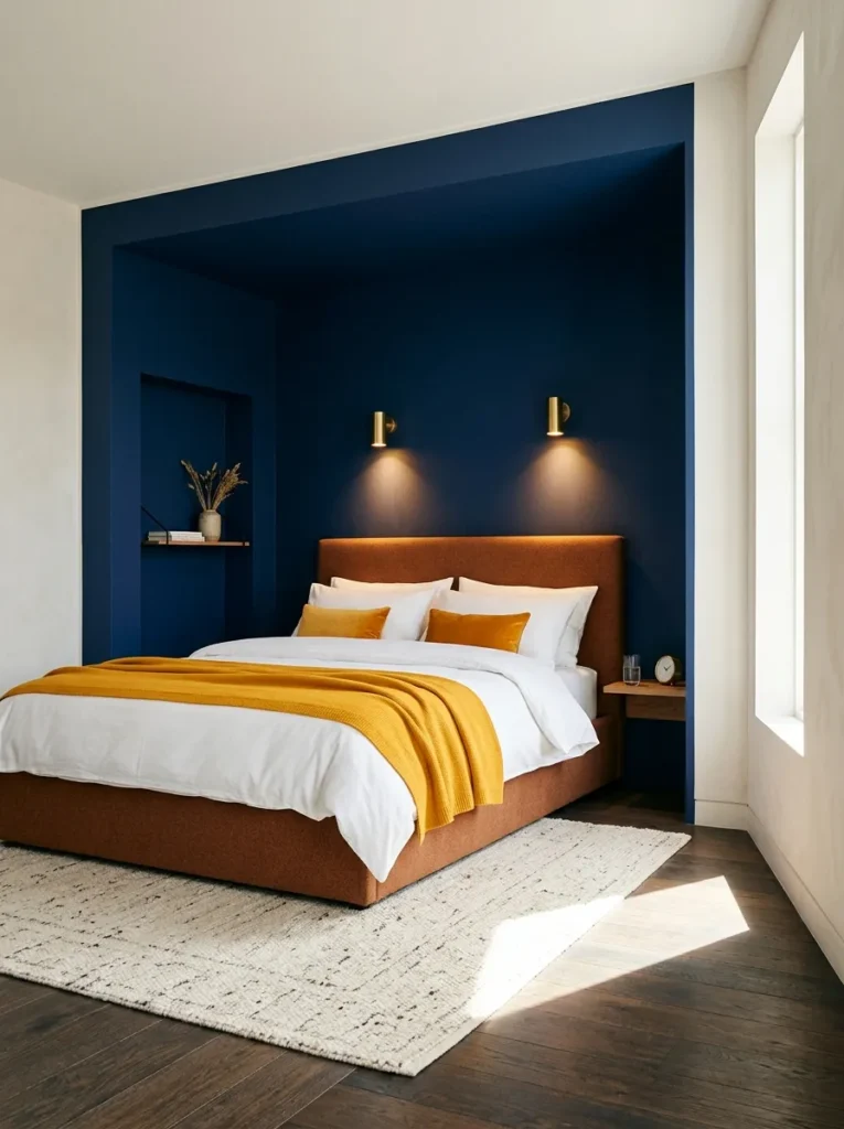 Indigo alcove framing a cinnamon upholstered bed
