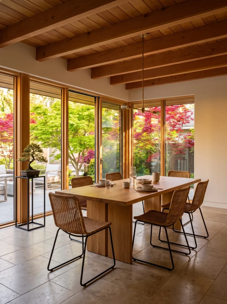 Low oak dining table beside full-height glass doors opening to a garden.