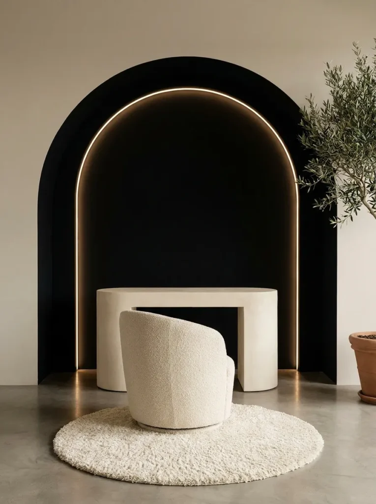 Cream lacquer desk centered inside an ink-black architectural arch with wraparound LED lighting