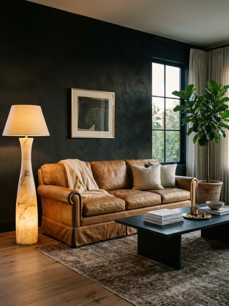 Matte black living room walls with a camel leather sofa