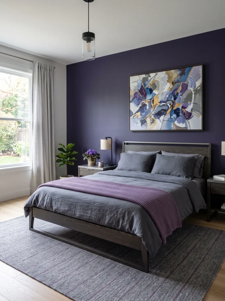 Iris-purple bedroom with slate bedding, pewter accents, abstract art, and a blooming African Violet.