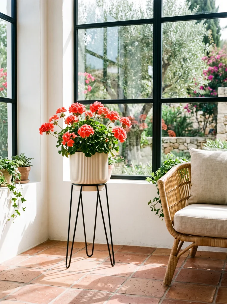 Blackened iron hairpin-leg plant stand with a blooming geranium in a bright sunroom